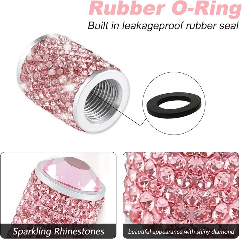alpmosn Car Wheel Tire Valve Caps, 4 PCS Bling Tire Valve Caps, Crystal Tire Caps Shinny Rhinestone for Women, Universal Car Dustproof Tire Valve Caps for Cars, Trucks, SUV and Motorcycles (Pink) - Image 3